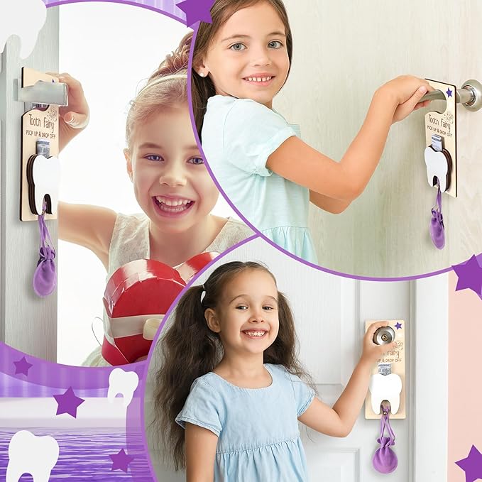 Tooth Fairy Holder Bag Hanger with Money Slot Keepsake Bottle Velvet Pouch Tooth Fairy Box Encourage Gift for Lost Teeth Boy Girl Milk(Classic,Purple)
