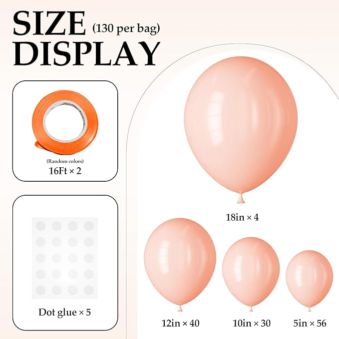 130PCS PastelOrange Balloons, Latex Balloon Different Sizes 18/12/10/5 In, Helium Balloons with Ribbon, Party Balloon Set for Birthday Wedding Graduation Anniversary Baby Shower Decoration