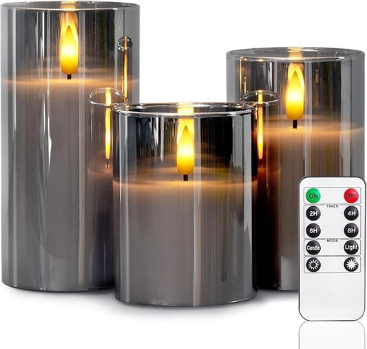 5plots Flameless Battery Operated Candles Set of 3, Gray LED Candles with Remote Timer, Real Wax Glass Pillar Candles Warm Flickering Light for Indoor Home, Halloween, Christmas Decor D3 x H4 5" 6"