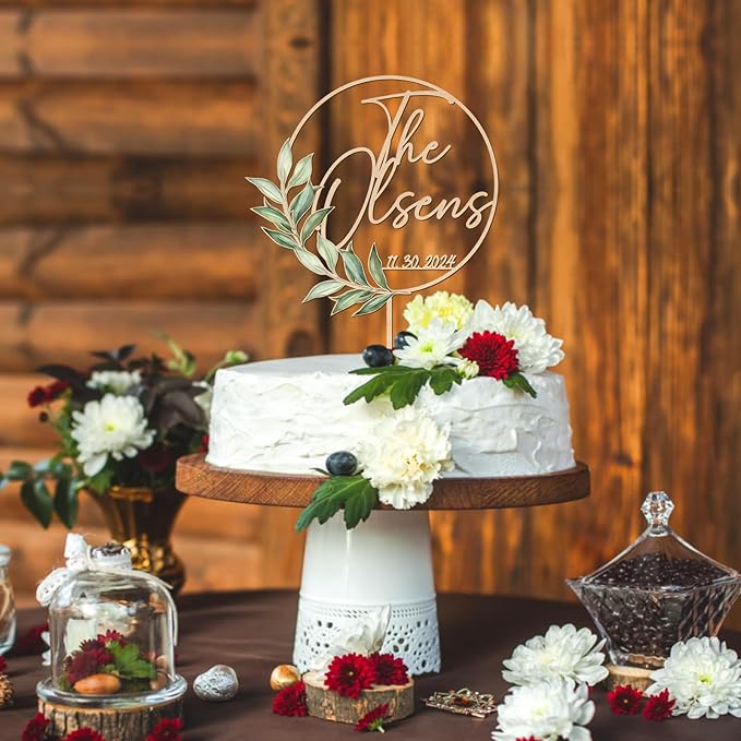 Personalized Wedding Cake Topper with Custom Bride & Groom's Last Name and Wedding Date Round Cake Decoration with Green Leaves