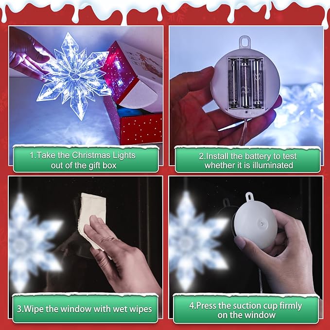 3Pack Christmas Window Lights Decorations with Timer,Battery Powered Christmas Hanging White Lighted Snowflake Shaped LED Sucker for 2026 Xmas Tree Fireplace Indoor Decor