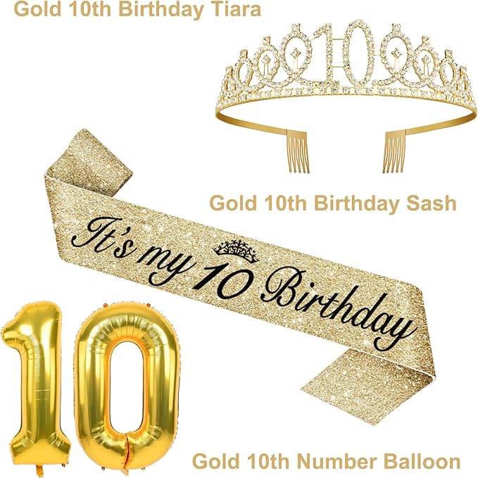 10th Birthday Decorations for Girls Gold with10th Birthday Sash and Tiara, Cake Topper andCandles, Number Balloons, 10 Year Old Gifts for Girls