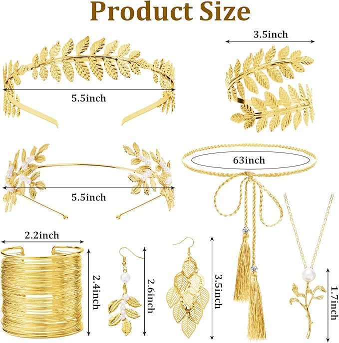 Greek Goddess Costume Accessories Set for Women, Golden Laurel Leaf Crown, Headpiece, Earrings, Roman Toga Waist Belt