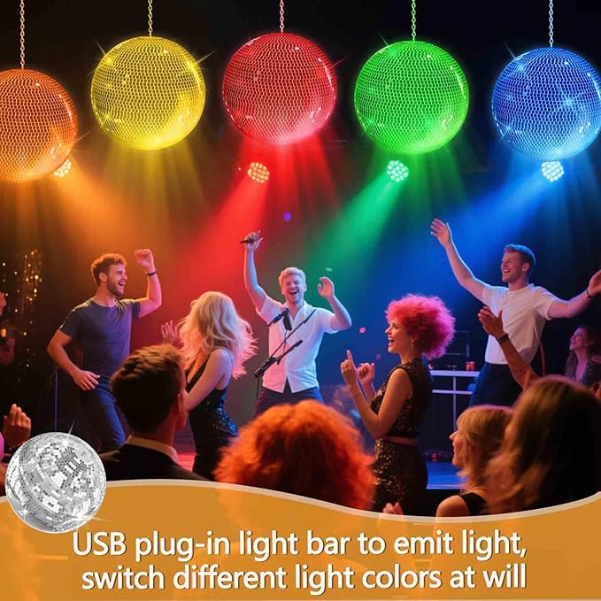 16 Inch Silver Disco Ball LED Light,Silver Glass Mirror Ball Light for Party,Christmas Decorations,USB Powered Mirror Disco Ball for Nightclub,Bar,Wedding,DJ Party Lighting(16inch)