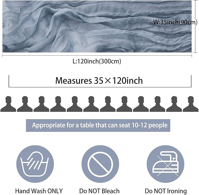 12 Pack Cheesecloth Table Runner, 35x120 Inch Boho Gauze Dusty Blue Table Runner 10 Ft Long Rustic Sheer Cheese Cloth Table Decor for Wedding Party Baby Shower Christmas