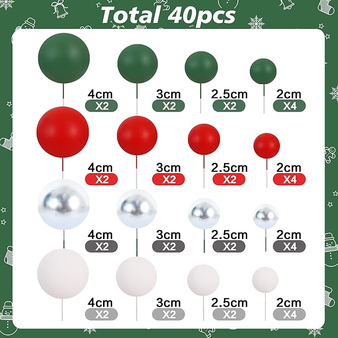 BEISHIDA 40 Pcs Ball Cake Toppers Red Green White Silver Sticks Foam Balls DIY Cake Topper Insert Balls Cake Decorations for Baking Christmas Party Decorations(Red, Green, White, Silver)