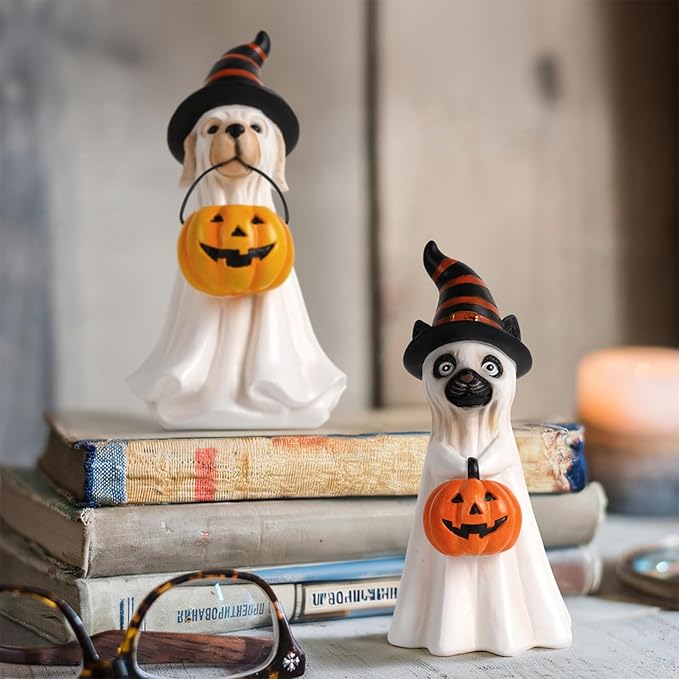 Halloween Decorations Halloween Ghost Figurine, Sculpted Hand-Painted Dog Figurine Gift, Ghost Figurines for Home, Office, Desk Decor, Cute Ghost Decor Home Decor Indoor (White-Yellow)