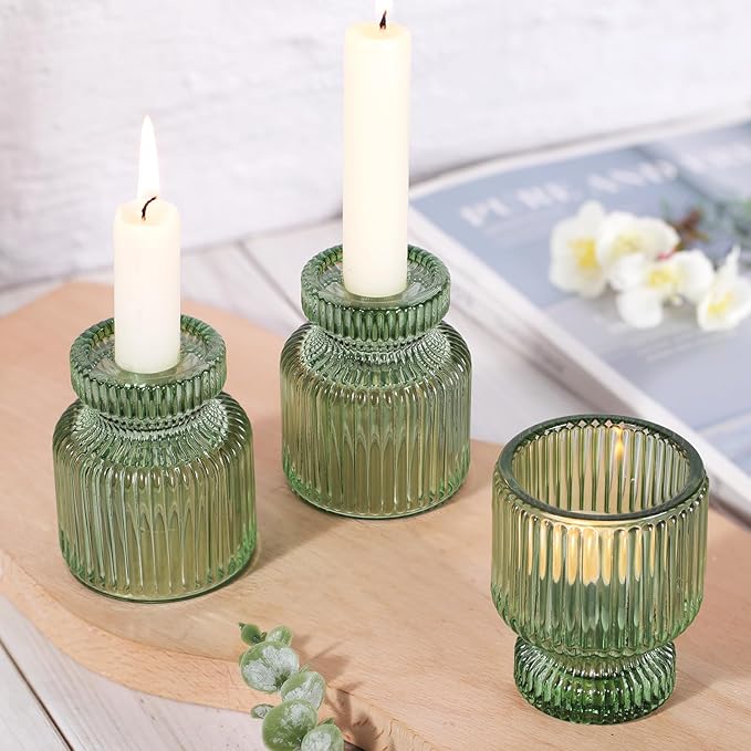 DARJEN 6 Pcs Green Candlestick Holders - Glass Taper Candle Holders Tealight Votive Candle Holders for Table Centerpieces, Wedding, Dinner Party, Home, Gifts