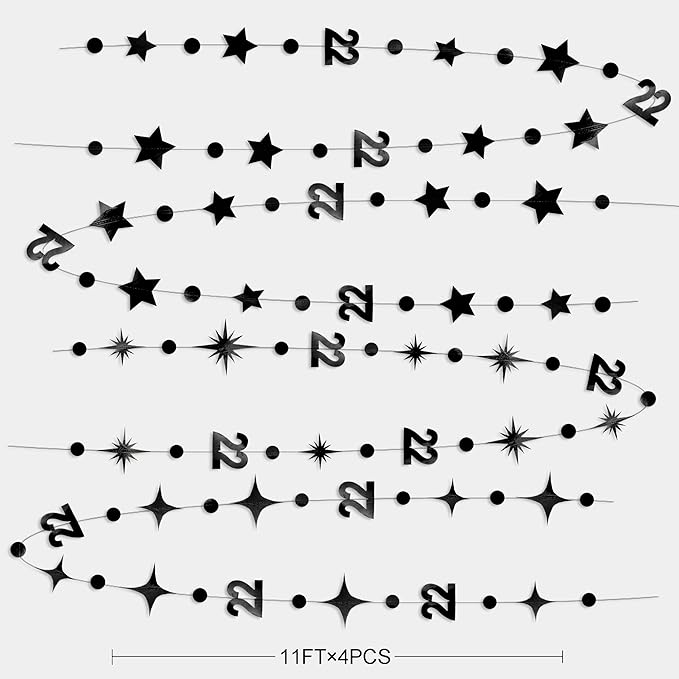Black 22nd Birthday Decorations Number 22 Circle Dot Star Garland Streamer Bunting Banner Backdrop for Women Mens Feeling 22 Twenty Two Years Old Birthday Happy 22th Anniversary Party Supplies
