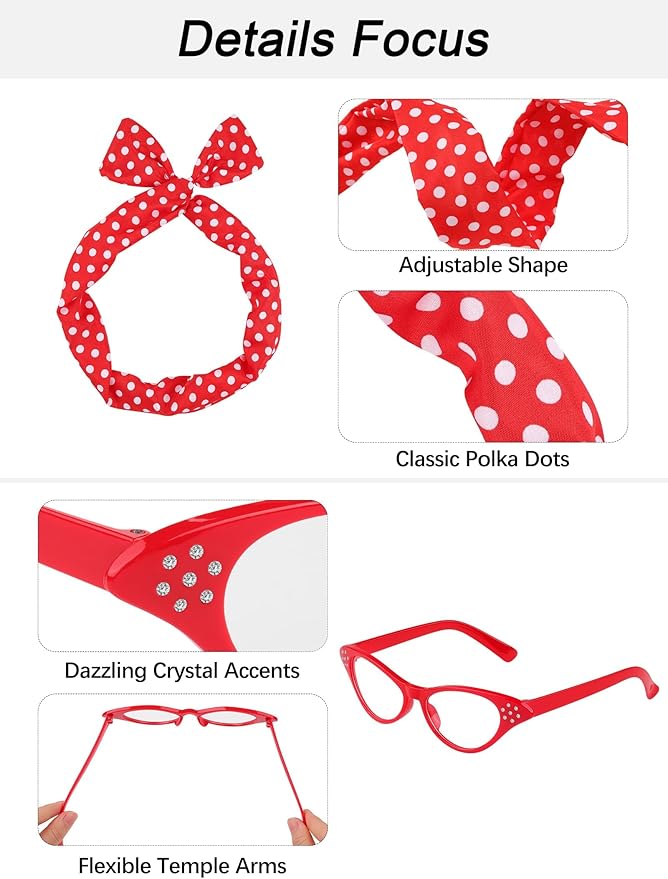 Aneco 6 Pack 50s Set Chiffon Scarf Cat Eye Glasses Bandana Tie Headband Earrings