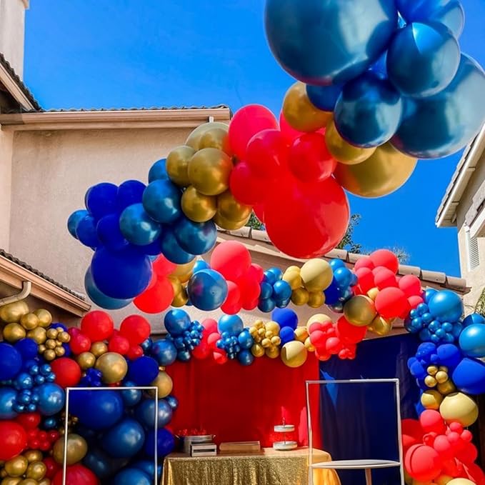 Red Blue Gold Balloons Arch Royal Blue Red Gold Balloons Garland Metallic Blue Gold Latex Balloons with Explosion Star Foil Balloon Gold Long Balloons for Birthday Party Decorations Carnival Circus