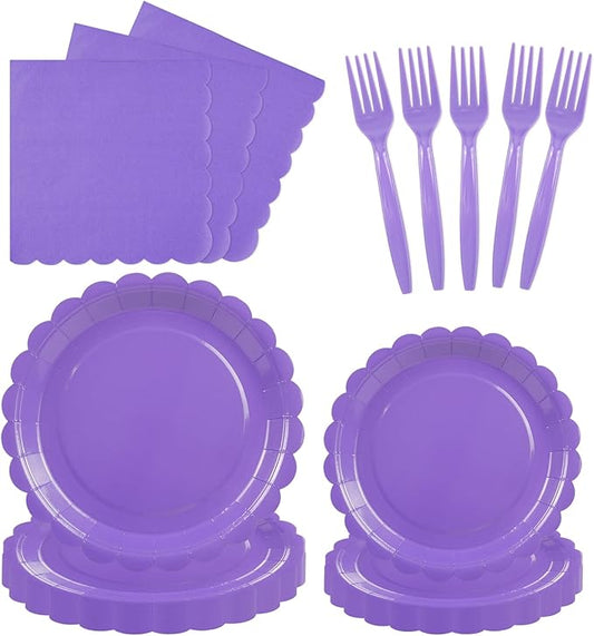 96PCS Lavender Paper Plates and Napkins, 24 Guest Light Purple Disposable Tableware Set Include Scalloped Paper Plates Napkins and Forks Decoration Party Supplies for Birthday Wedding Baby Shower