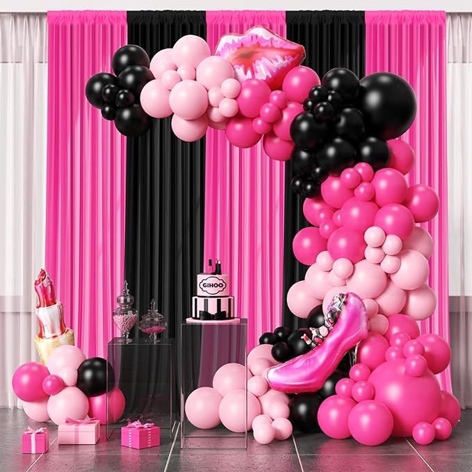 Party Backdrop Curtain -10×10ft Black & Pink Background Decor for Birthdays, Baby Showers, Home Parties,Easy to Set up, Durable Photo Booth Wall Decoration for Adults & Kids