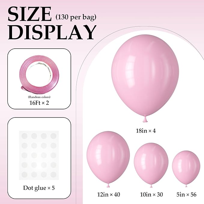 130PCS PastelPink Balloons, Latex Balloon Different Sizes 18/12/10/5 Inch, Helium Balloons with Ribbon, Party Balloon Set for Birthday Wedding Graduation Anniversary Baby Shower Decoration