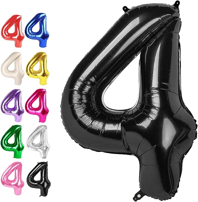 40 Inch Black Large Number 4 Birthday Balloon, Giant Numbers Four 14 24 34 40 44 Balloons, Foil Mylar Big Balloons for Anniversary Graduation Supplies Decorations