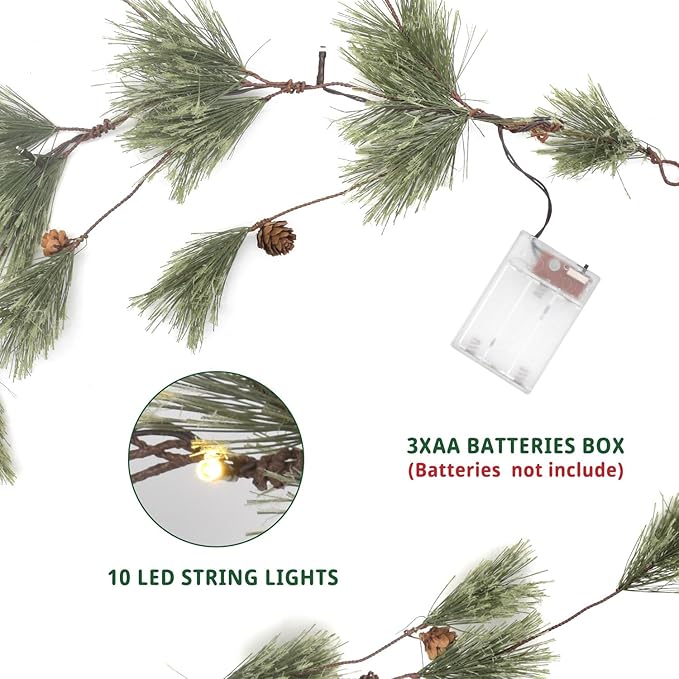 6.4FT Rustic Christmas Garland with Light, Pre-lit Outdoor with Pine Needles Cones for Fireplace Door Porch Mantel Centerpiece Xmas Decoration, Green (Dense Pine Needle)