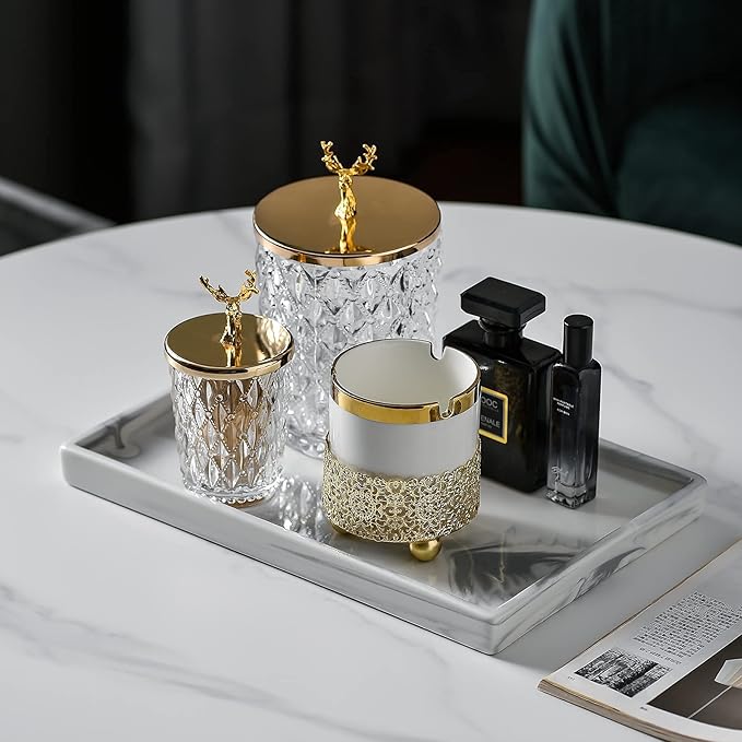 Vanity Bathroom Tray,Perfume Organizer Jewelry Plate Holder White Marble Tray Decorative Ceramic Rectangle Small Tray Serving Tray