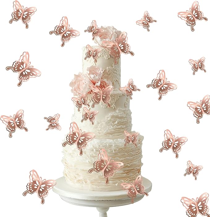 40 PCS Rose Gold Lively 3D Butterfly Cupcake Toppers Hollow Art Butterfly Cake Topper Decorations for Baby Shower Wedding Anniversary Kids Birthday Party Supplies Mixed Size
