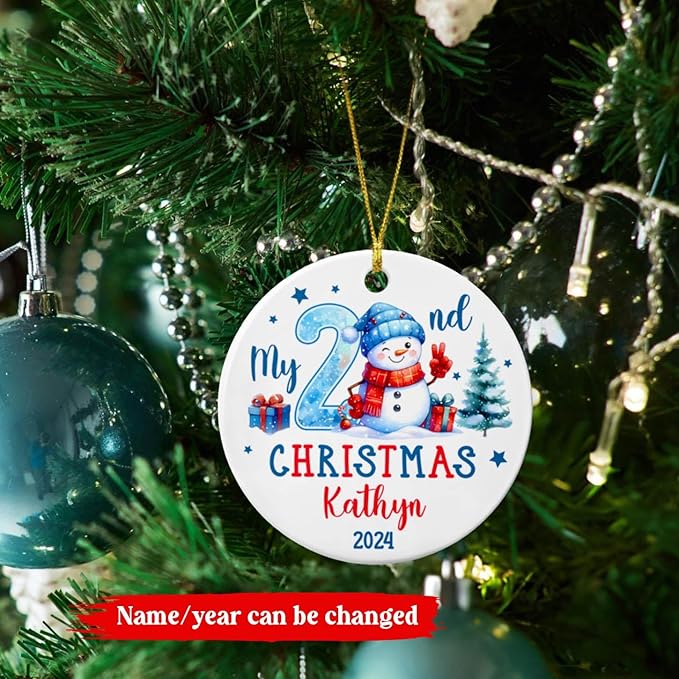 2025 Personalized Baby Second Christmas Ceramic Ornament, My 2nd Xmas Snowman Keepsake Gift for Son Daughter Grandkids, Custom Name & Year Xmas Tree Ornament for 2 Years Old Baby