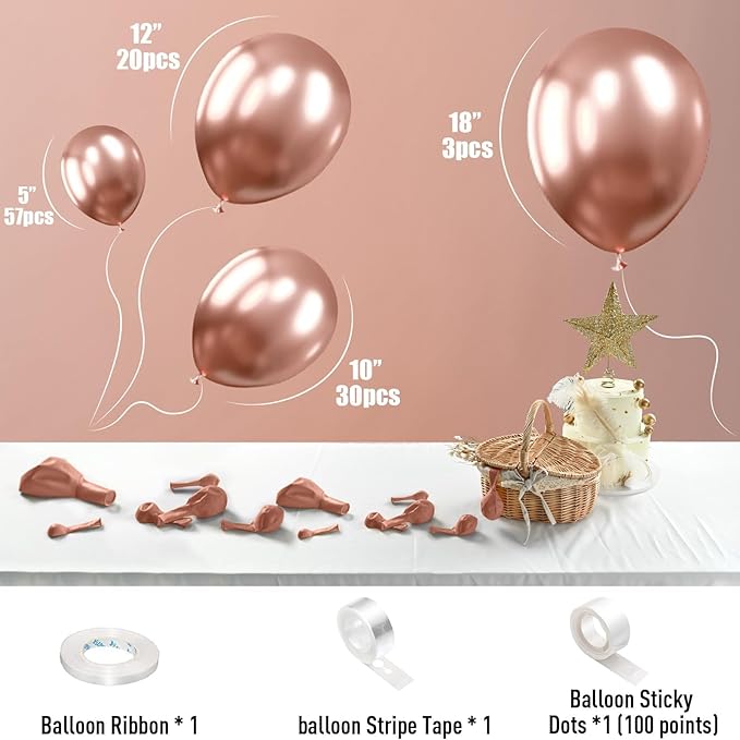 Rose Gold Balloons 113PCS, Different Sizes Metallic Rose Gold Helium Latex Balloon Garland Arch Kit 18/12/10/5 Inch Chrome Gold Rose Balloons Party Decorations for Birthday Anniversary Wedding Decor