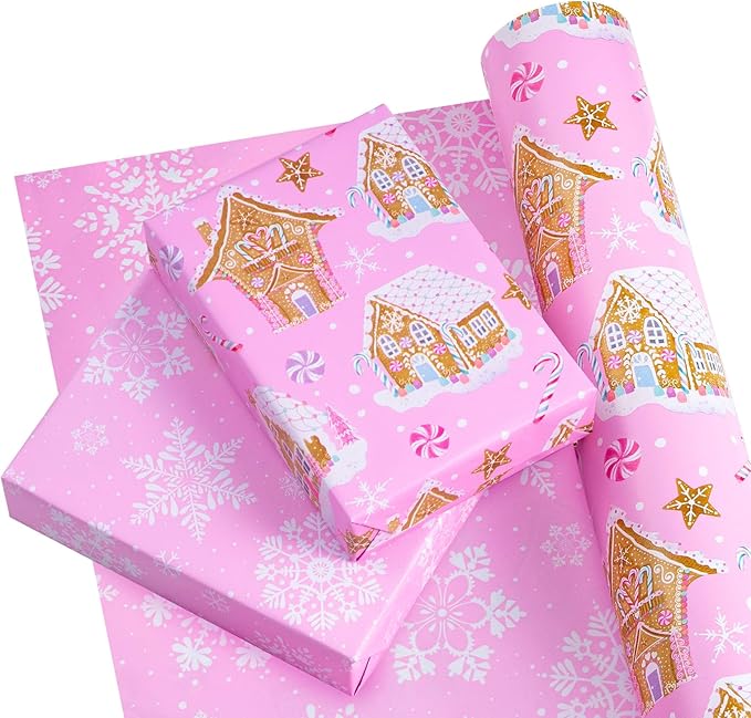WRAPAHOLIC 30 Inch Jumbo Reversible Gingerbread Christmas Wrapping Paper - 30 Inch x 33 Feet - Pink Gingerbread House and Snowflake with Embossed for Christmas, Holiday, Party Celebration