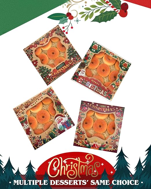 qiqee Christmas Kraft Cookie Boxes with Window 30packs 8x8x2.5 Inch Bakery Box Pastry Box for Christmas
