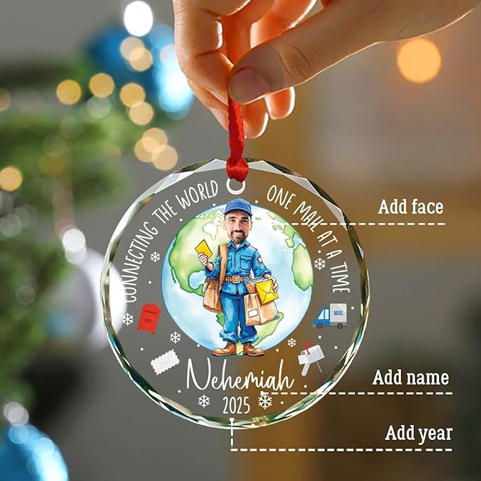 Personalized Photo Face Mailman Christmas Ornament 2025, Connecting The World One Mail at A Time Glass Ornament Gifts for Postal Worker, Custom Photo Name Mail Carrier Xmas Tree Hanging Ornaments
