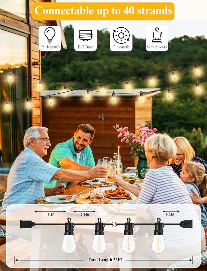 Brightever LED Outdoor String Lights 36FT, Patio Lights Outdoor Waterproof with 13 Shatterproof S14 Vintage Edison Bulbs(1 Spare), Dimmable Outside Lights for House, Garden, Deck, Balcony, Camping