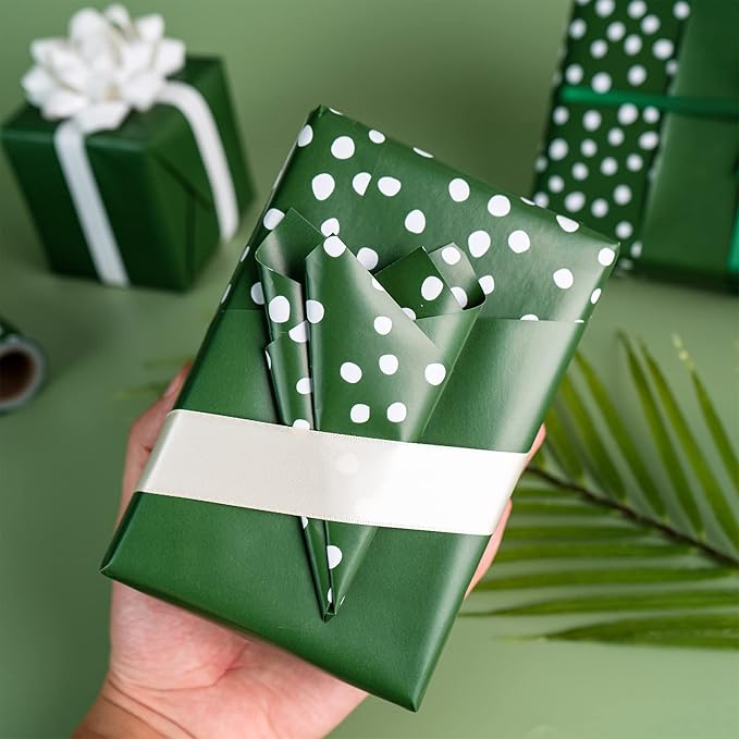 WRAPAHOLIC Reversible Wrapping Paper - Mini Roll - 17 Inch X 33 Feet - Dark Green and Delicate Polka Dots Design for Birthday, Holiday, Wedding, Baby Shower