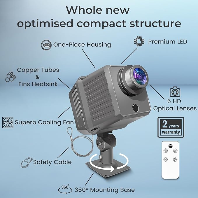 150W Logo GOBO Projector for Business, Rotational Super Bright Projection with Remote Control and Glass Lens, Triple Cooling System, IP65 Waterproof for Safe Indoor and Outdoor Use