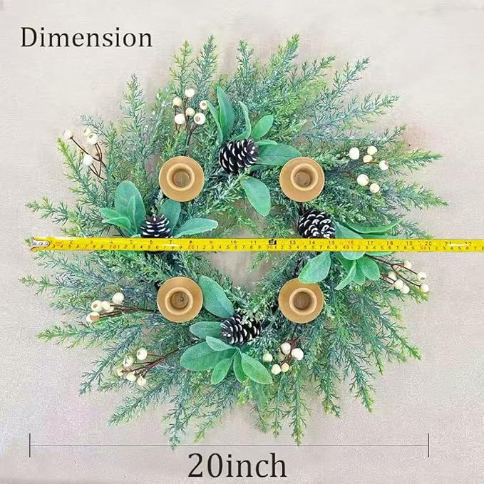 20 Inch Christmas Candlestick Wreath for Front Door,Artificial Snowy Pine Wood Paired with Off White Berries Used for Window, Wall, Porch, and Other Indoor and Outdoor Home Decorations