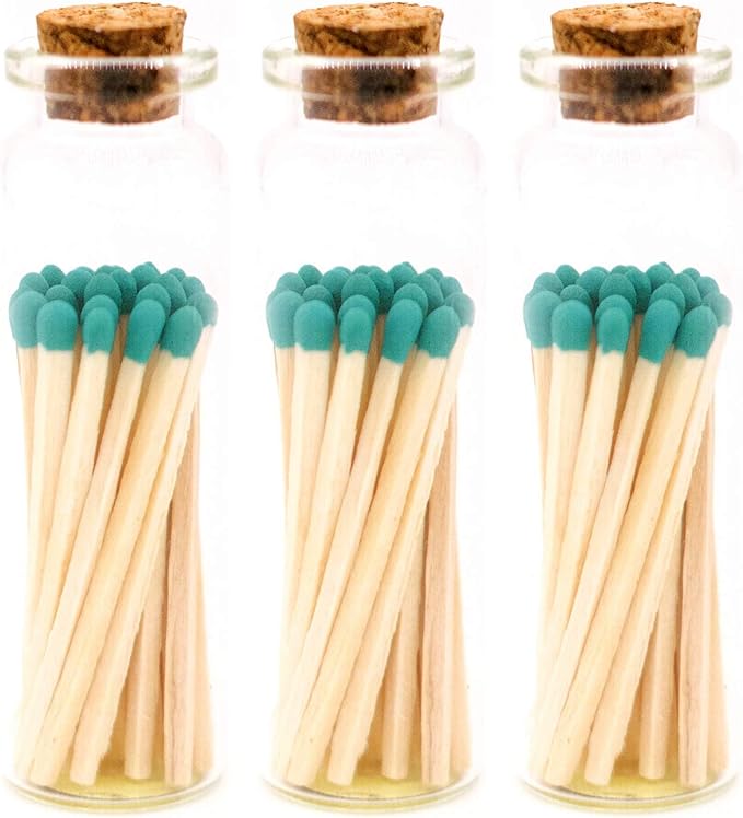 River Birch Decorative Matches in a Bottle with Striker - Cute & Colored Matches - 3 Bottles, Teal Tip, 60 Matches