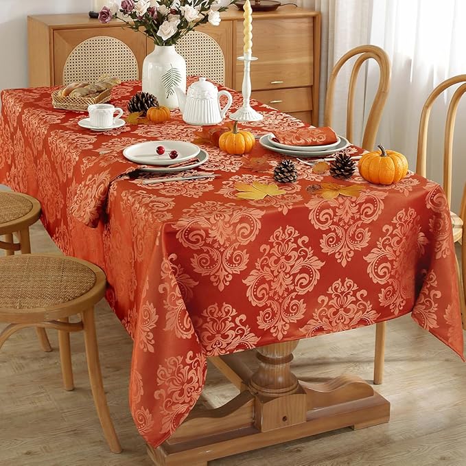 SASTYBALE Thanksgiving Tablecloth Rectangle 60 x 120 Inch Waterproof Oil Proof Washable Jacquard Damask Table Cloths, Polyester Table Cover for Fall, Autumn, Harvest, Holiday Party, Burnt Orange/Rust