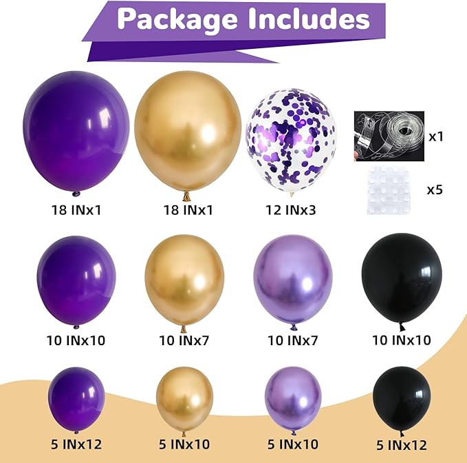 Purple Black and Gold Balloon Arch Kit Dark Purple and Gold Metallic Black Confetti Party Latex Balloons Garland for Women Wednesday Birthday Baby Shower Wedding Engagement Party Decorations