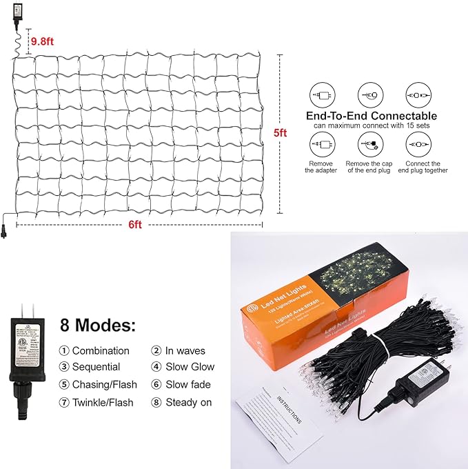 120Led Christmas Net Lights Outdoor 5ft x 6ft Connectable, 8 Modes Waterproof Black Wire 29V Plug in Mesh Net Christmas Lights for Garden, Yard, Bushes, Trunk, Xmas Tree Decor (Warm White)
