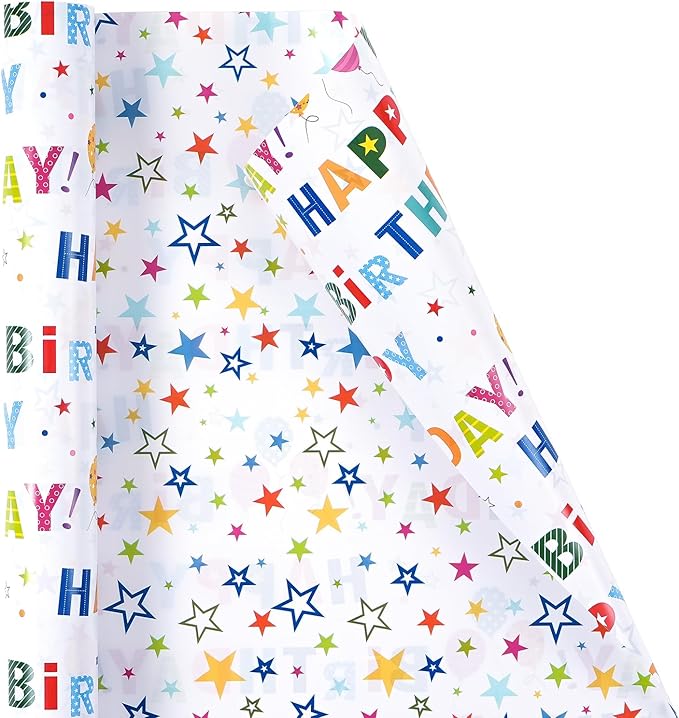 Reversible Birthday Wrapping Paper Roll for Boys Girls Kids - Mini Roll - 17 Inches X 33 Feet - Colorful Happy Birthday Lettering Balloon and Stars Design for Boy Girls Kids