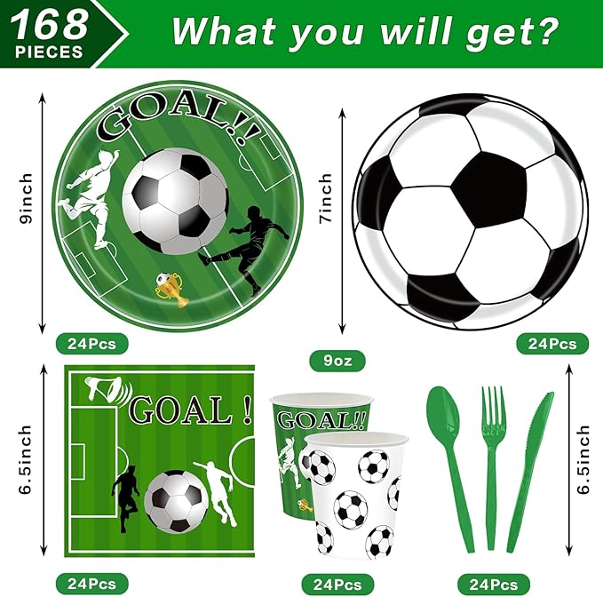 168 Pcs Soccer Theme Party Supplies Set, Plates, Cups, Napkins, Tablecloth and Banner, Sports Birthday Decorations for 24 Guests