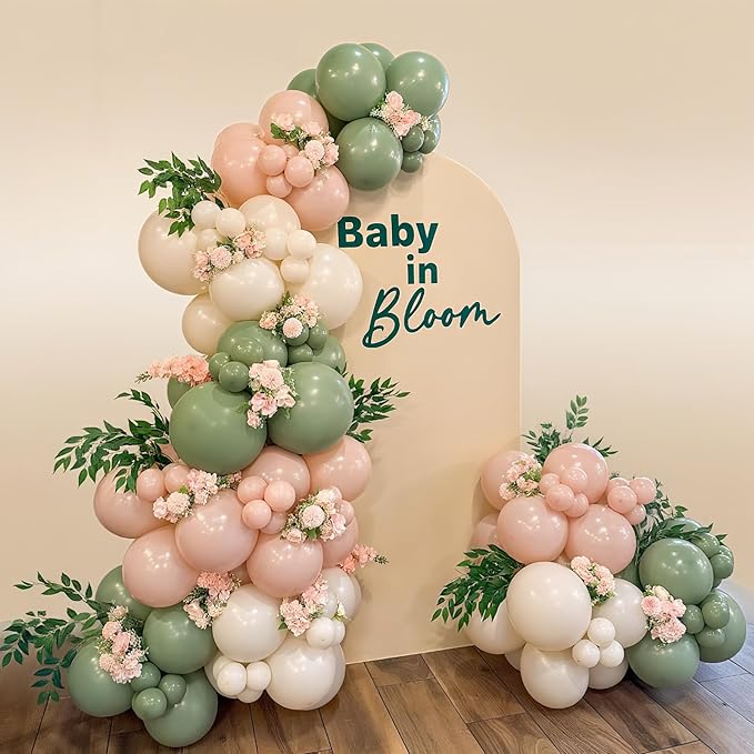 132Pcs Retro light pink and Green Balloon Arch Garland Kit, Sage Green, Pastel Orange, Sand White Balloons for Baby Shower Wedding Bridal Birthday Gender Reveal Party Decorations