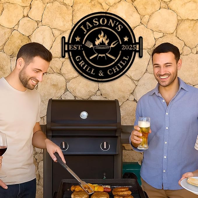 Custom Grill and Chill Metal Sign, Personalized BBQ Barbecue Plaque with Fire Pit and Utensils Design, Outdoor Patio Yard Wall Art, Rustic Backyard Bar Decor, Birthday, Christmas, Holiday Gift