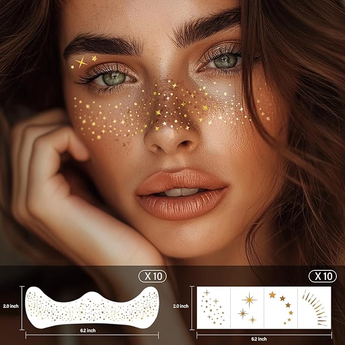 20 Pcs Gold Glitter Freckles Face Tattoo, Gold glitter Freckles Makeup Patches, Waterproof Sparkle Freckles, Glitter Freckles Face Temporary Tattoos for Women