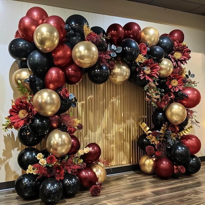 Burgundy Black Gold Balloon Garland Double Stuffed Dark Red Gold Maroon Black Balloon Arch Kit for Christmas New Year Birthday Anniversary Prom Party Decoration