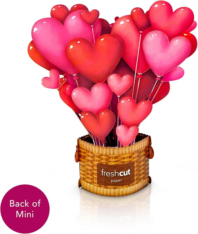 Freshcut Paper Pop Up Cards, Mini Heart Balloons, 6 Inch Mini Sized 3D Popup Greeting Cards, Valentine's Day, Anniversary Card, Blank Notecard & Envelope
