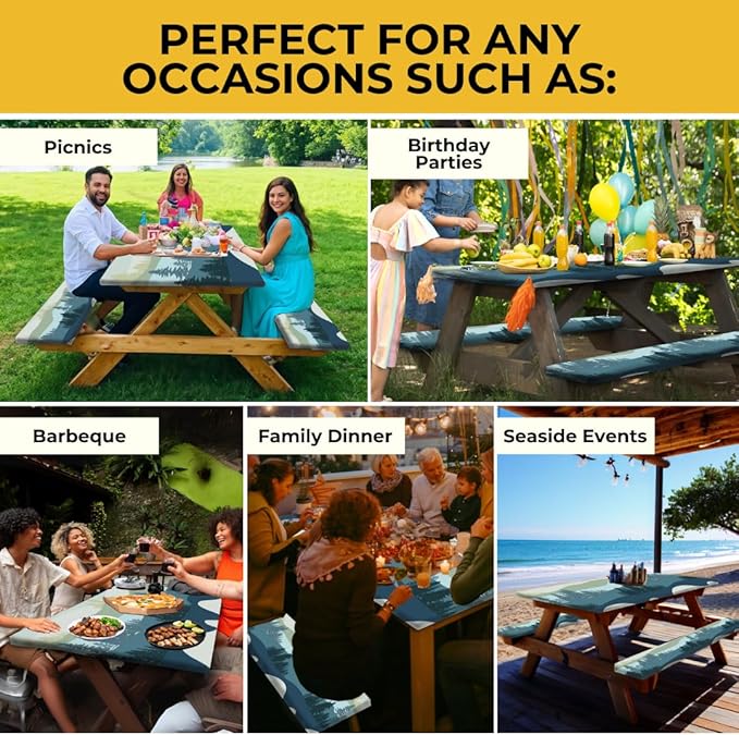 RNOONY 8ft Polyester Picnic Table Cover with Bench Covers Windproof & Waterproof Tablecloth, Perfect for Camping Gifts & RV Essentials, Cool Camping Gadgets, with Carrying Bag, 96x30 Inches, 4Pcs,Blue