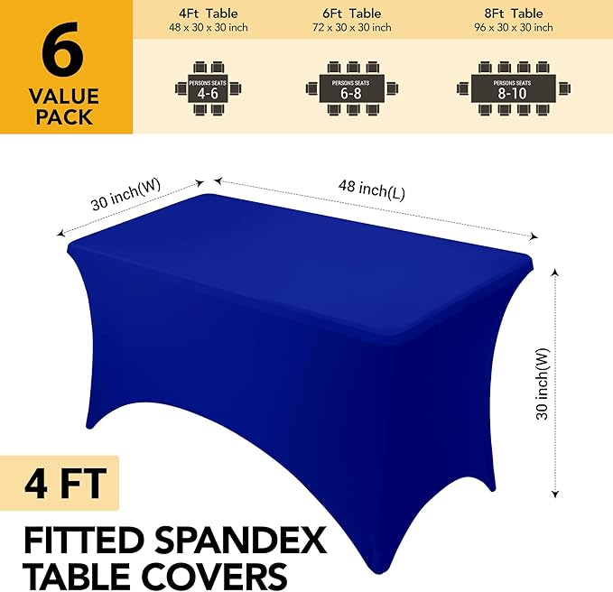 6-Pack Premium Royal Blue Spandex Tablecloths for 4ft Rectangle Tables, Stain & Wrinkle-Resistant, Washable Stretch Polyester Fitted Table Cover for Weddings, Banquets, Trade Shows Events