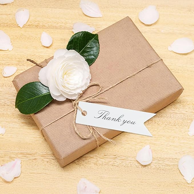 G2PLUS 100 PCS Mini Thank You Gift Tags with String, 2.8'' x 0.8'' White Paper Hang Tags for Art&Craft, Gift Wrapping, Wedding, Bridal Showers, Birthdays, Parties, Christmas