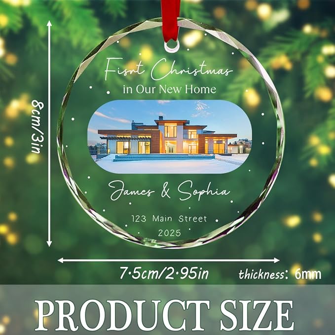 Personalized Round Christmas Crystal Glass Ornaments Custom Xmas 2025 Ornament for Christmas Tree Decorations Customized First Christmas in New Home Tree Hanging