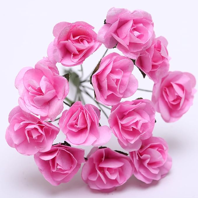 144pcs Mulberry Paper Mini Roses Artificial Flowers Heads with Stems for DIY Crafts Accessories Make Bridal Hair Clips Headbands Dress Wedding Bridal Bouquets Party Home Decor Valentine's (Pink)