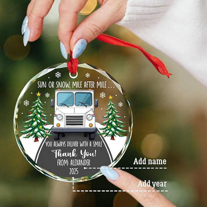 Custom Name Mail Carrier Christmas Glass Ornaments, Personalized Thank You Postal Workers Ornament Xmas 2025, Mail Truck Christmas Tree Decoration Gifts for Mailman Postal Carriers, Postman Keepsake