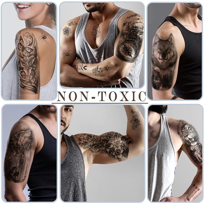 77 Sheets Temporary Tattoo for Men and Women, 17 Sheets Half Arm Chest Shoulder Fake Tattoos, 60 sheets Tiny Black for Adults, Waterproof Realistic Tattoos Long-Lasting