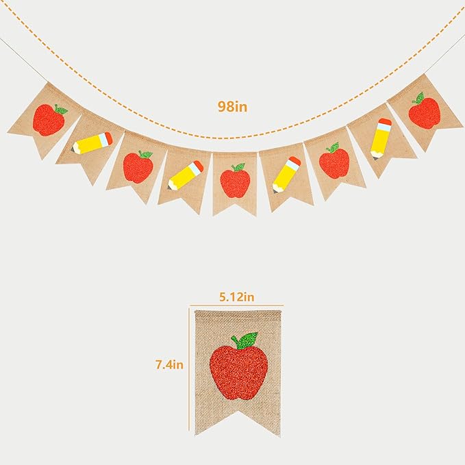 Glitter Apple Pencil Burlap Banner,Welcome Back to School Decorations,First Day of School Banner Garland for Classroom Teachers Office Backdrop Party Supplies